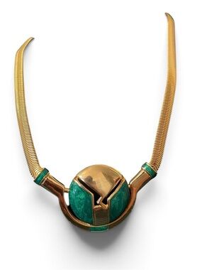 1980’s Orena Paris 18K Gold-Plated Green Enamel Art Deco-Style Choker Necklace